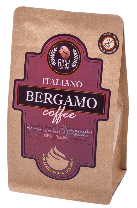 картинка Кофе зерновой Бленд Italiano Bergamo 250г (Цитрусовый, хлебный, абрикосовый) от магазина Богатая